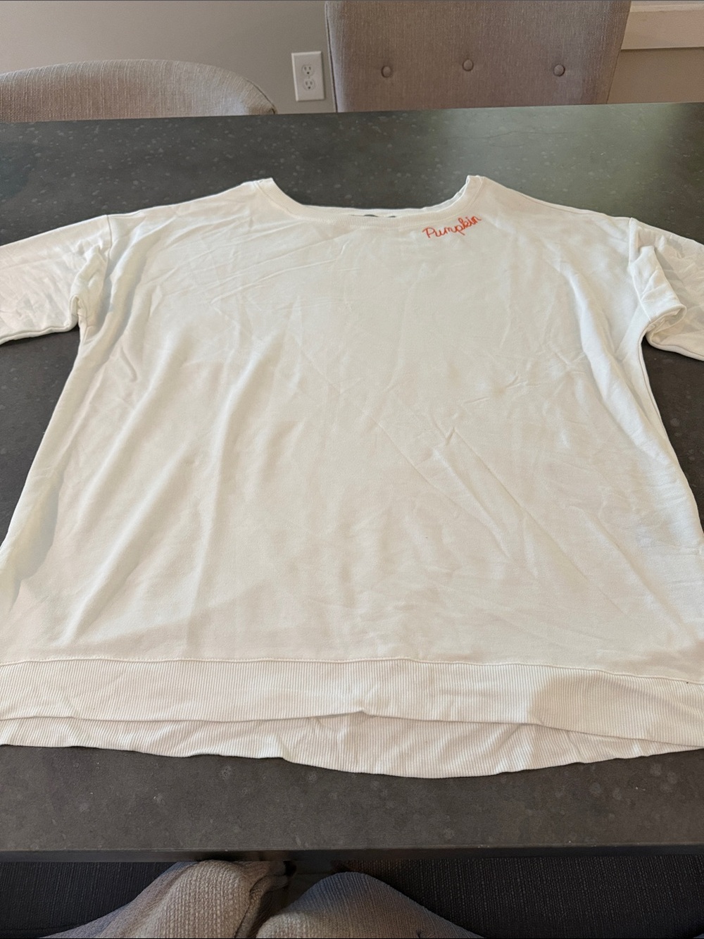 Marled Cream Short-Sleeve Sweatshirt with Small Red Script Logo